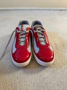 Prada Men’s Red Patent & Grey Mesh Sneakers 43E166
